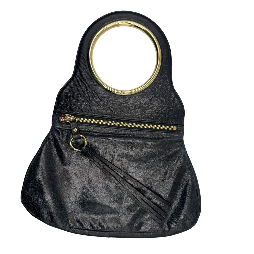 Hobo International Black Leather Ring Handle Foldover Clutch Tassel Bag Mini